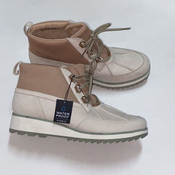 Vionic Shoes - Vionic Women’s Acadia Nolan Cream and Tan Waterproof Hiking Ankle Lace-Up Boots
